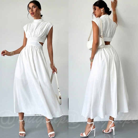 White Long Dress High Neck Cut Out Back Flared Skirt Sleeveless